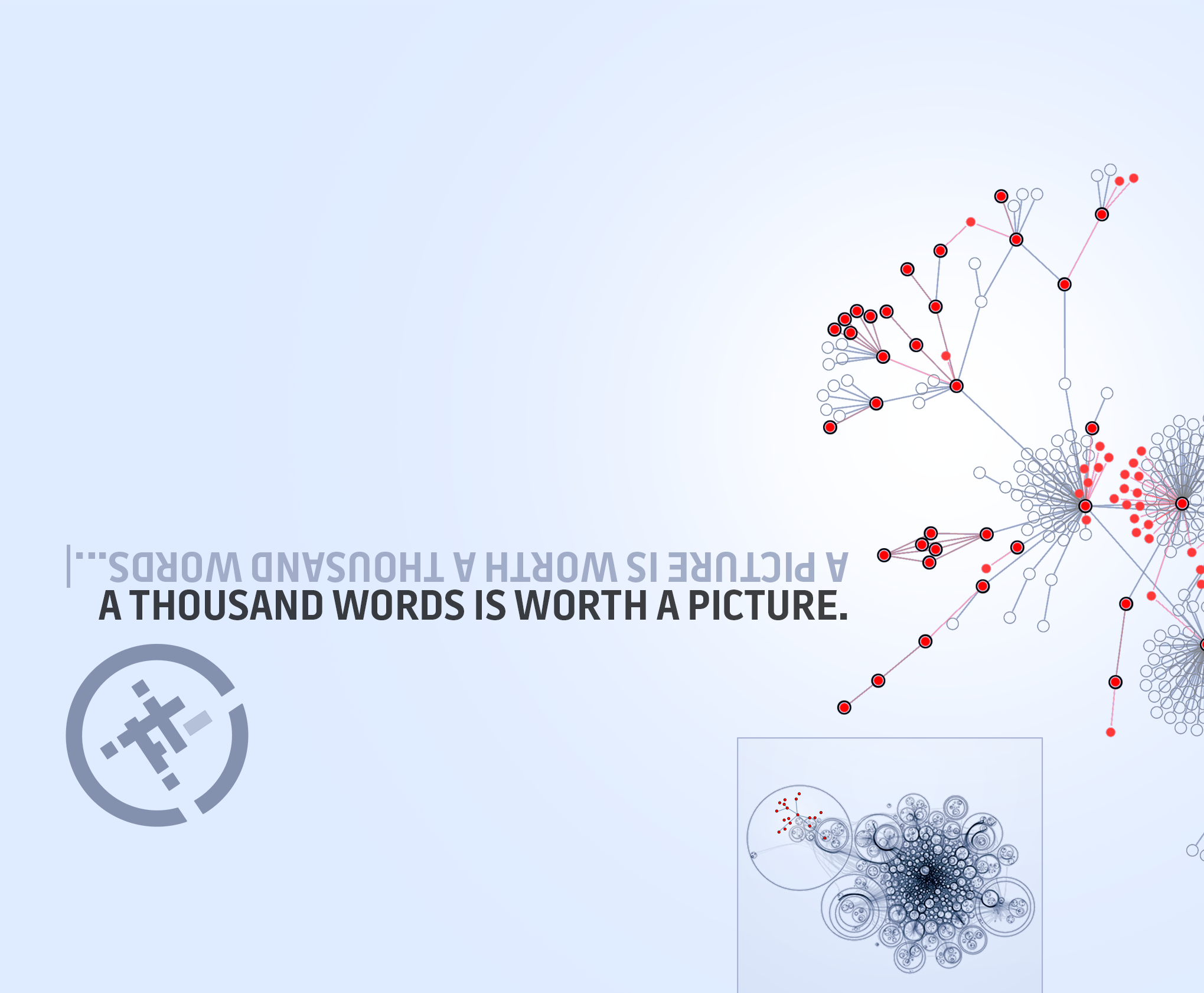 A thousand words is worth a picture. A network graph section with important nodes/links highlighted and a preview of a larger graph showing its origin.