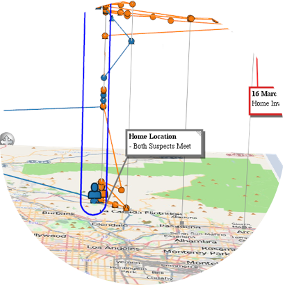 Movements of home invasion suspects plotted in 3D along a time axis above a geographic map.