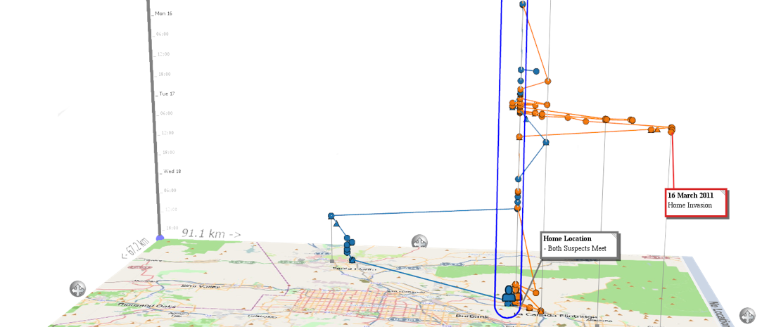 Movements of home invasion suspects plotted in 3D along a time axis above a geographic map.