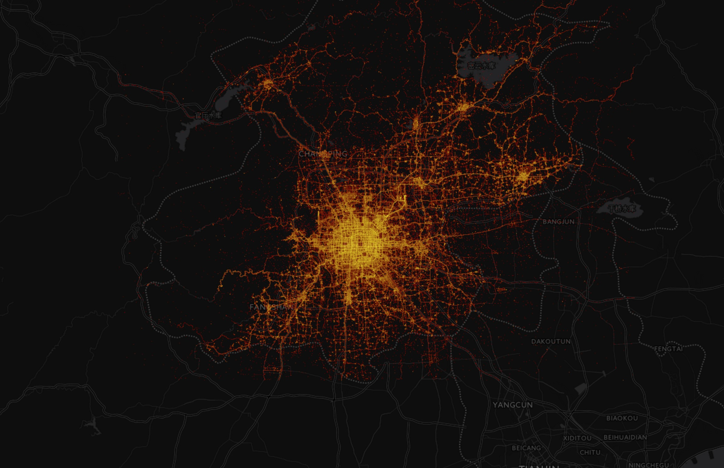 T-Drive trajectory dataset of 15 million data points visualzed over Beijing