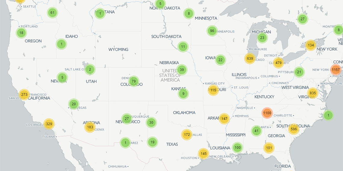 Map of continental United States with circles indicating activity by aggregated area