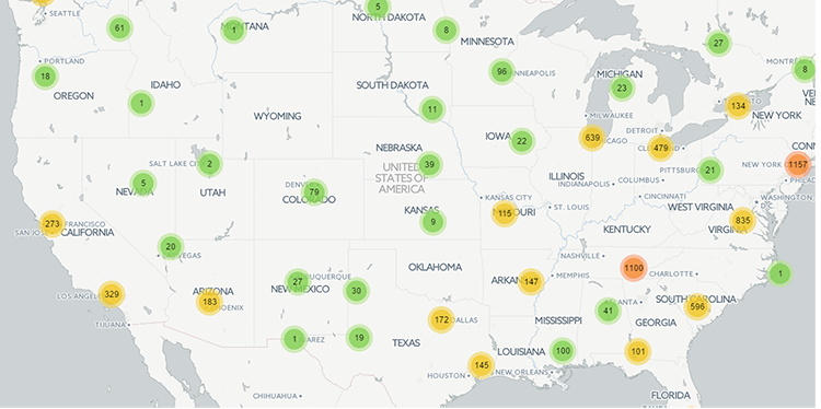 Map of continental United States with circles indicating activity by aggregated area