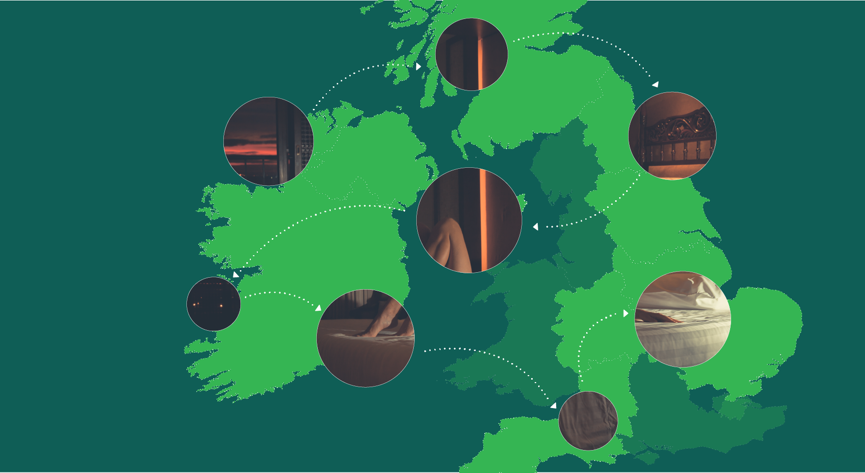 Links between different snippets of a trafficking image overlaid on a map of the UK and Ireland.