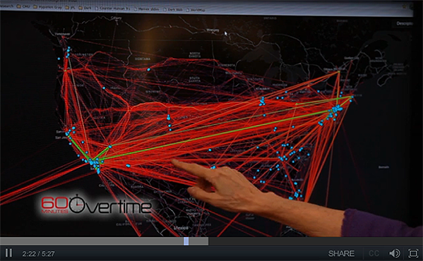 TV show 60 Minutes displaying Uncharted's plot of links within the Dark Web across North America