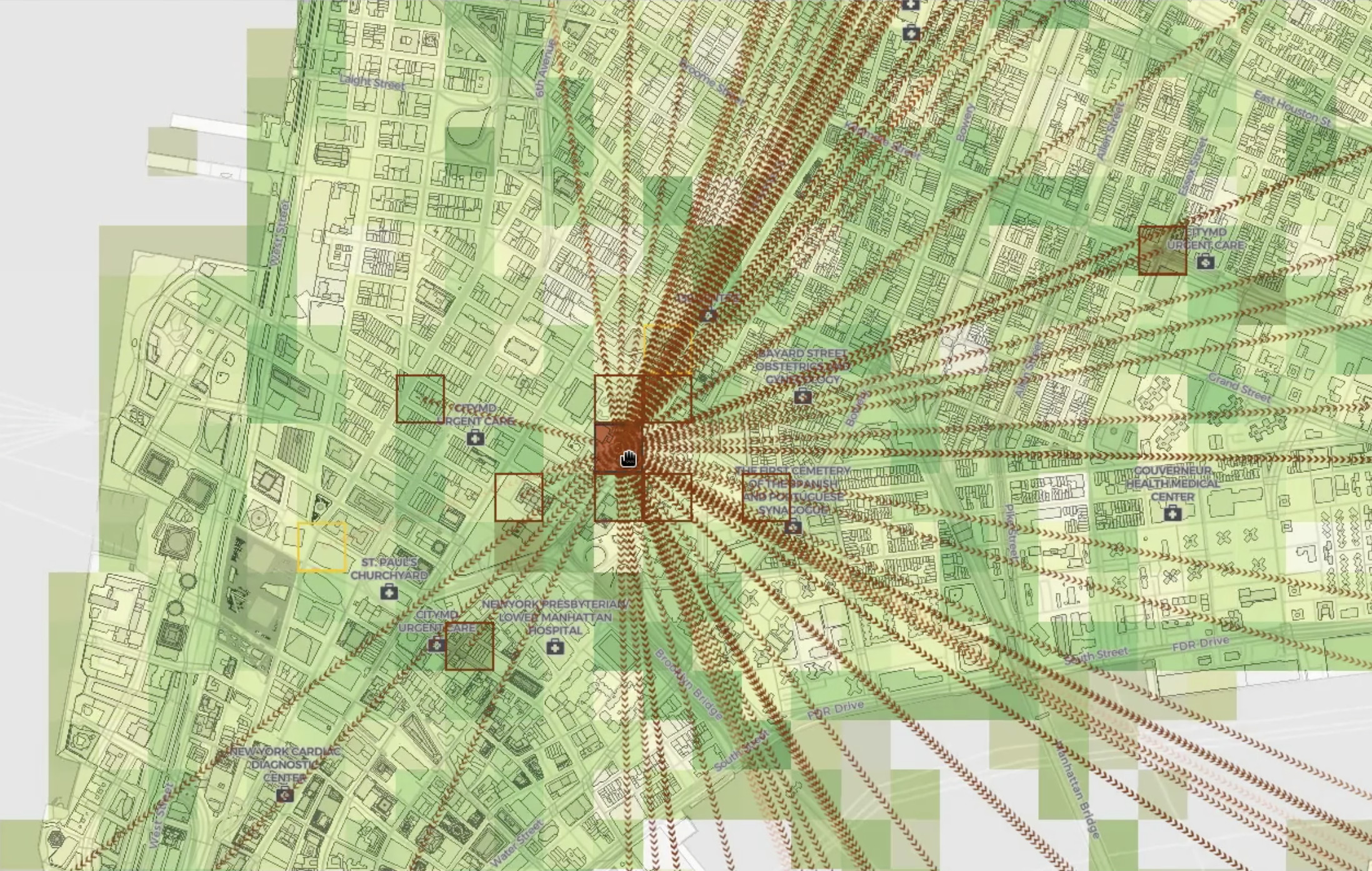 COVID-19 reportings and linkages plotted over Manhatten