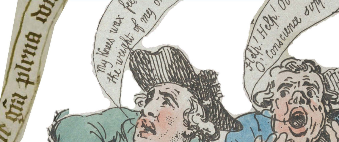 Historical cartoon with speech bubbles coming from two talking heads