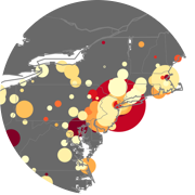 Map of relative recruitment to sex sales pressure across the U.S., suggesting that smaller cities have higher recruitment pressure and larger cities have higher sales.