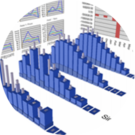 A series of 3D stacked bar charts projected in front of 2D line charts