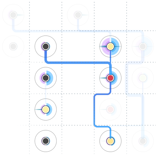 Process diagram with colored nodes on a faint grid and one highlighted blue path between them